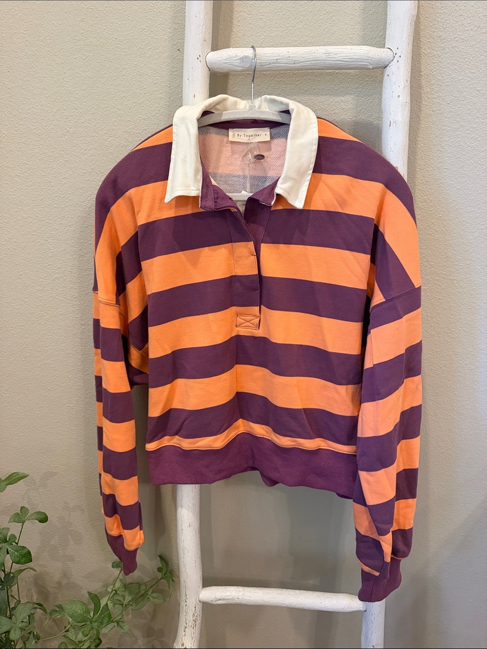 NWT By Together Cropped Rugby Pullover in Orange and Purple